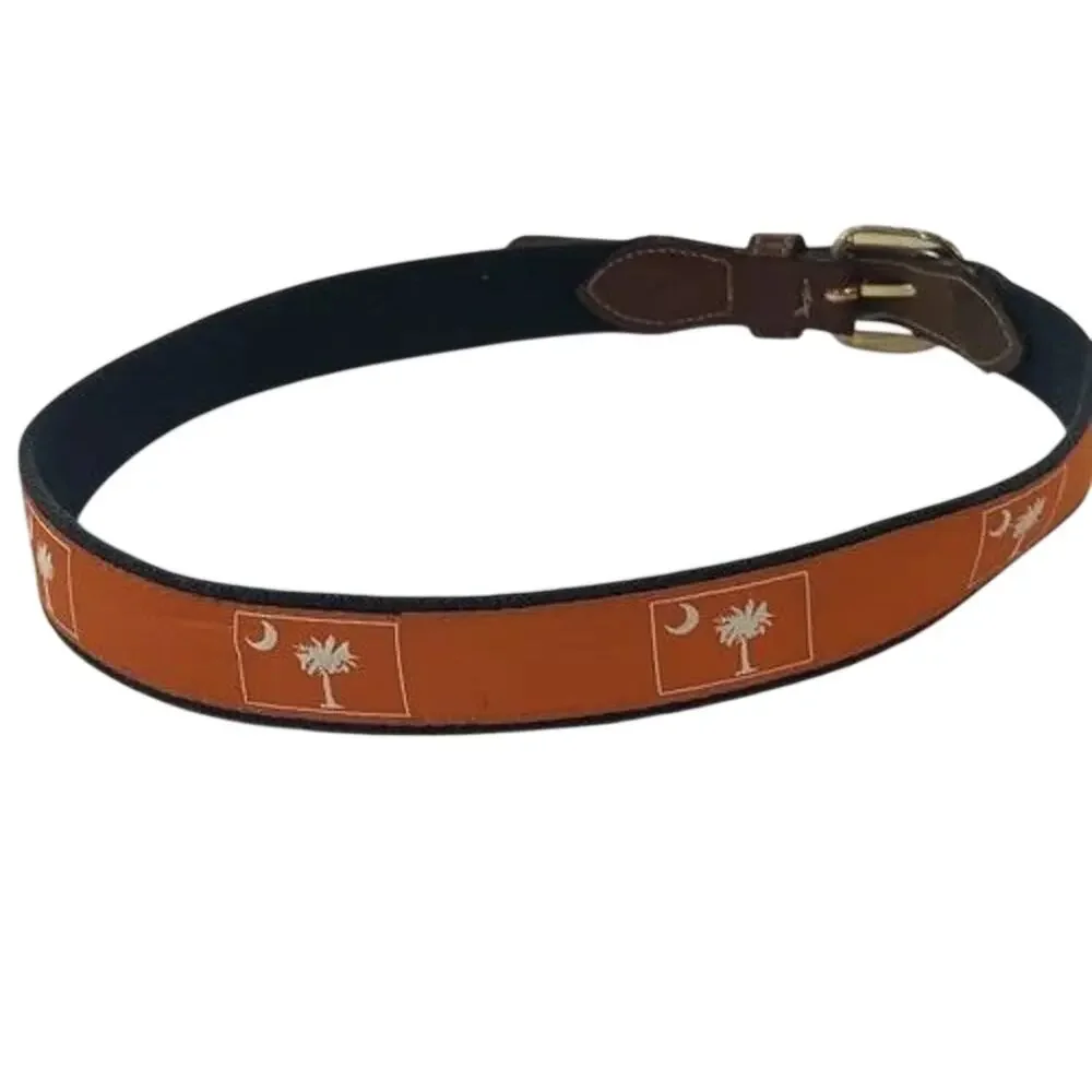 Size 32 South Carolina Flag Belt Mens Orange Canvas Leather Solid Brass Buckle
